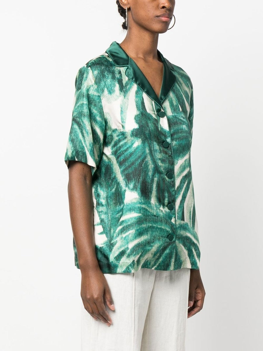 F.R.S Printed Silk Pajama Shirt For Women Luxuriously Soft Green 100 Percent Silk With Japanese Branch Motif