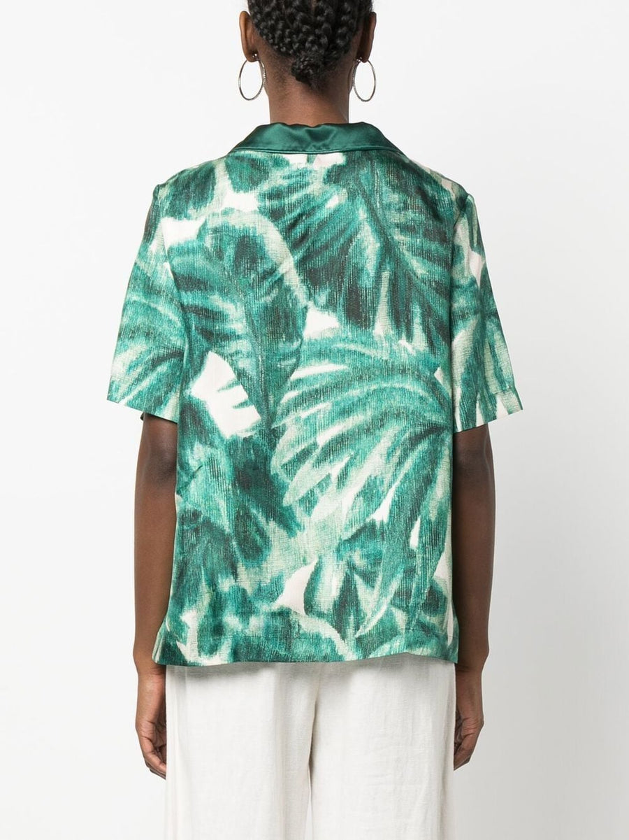 F.R.S Printed Silk Pajama Shirt For Women Luxuriously Soft Green 100 Percent Silk With Japanese Branch Motif