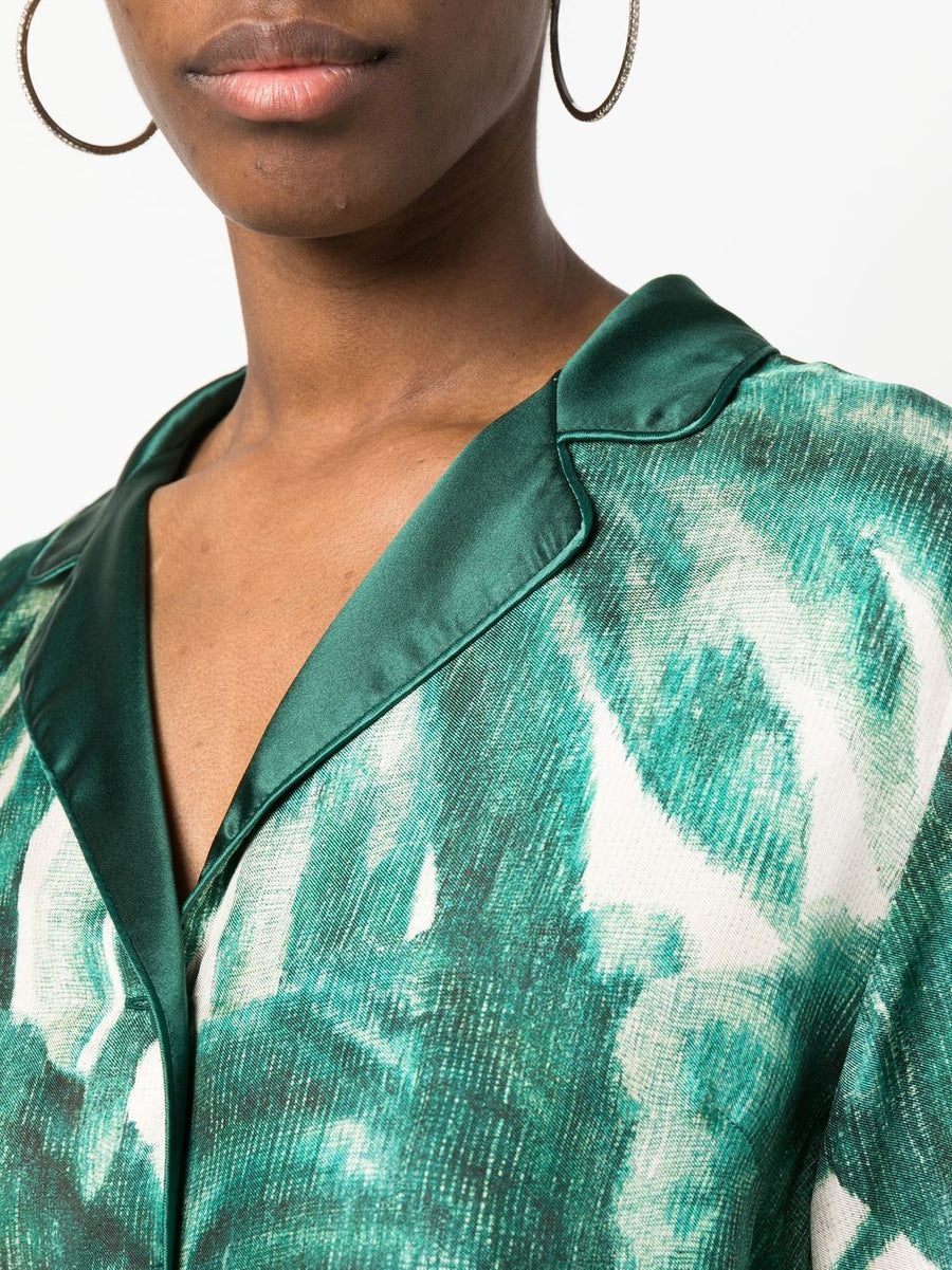 F.R.S Printed Silk Pajama Shirt For Women Luxuriously Soft Green 100 Percent Silk With Japanese Branch Motif