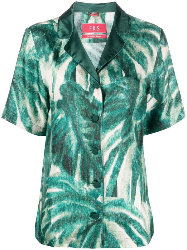 F.R.S Printed Silk Pajama Shirt For Women Luxuriously Soft Green 100 Percent Silk With Japanese Branch Motif