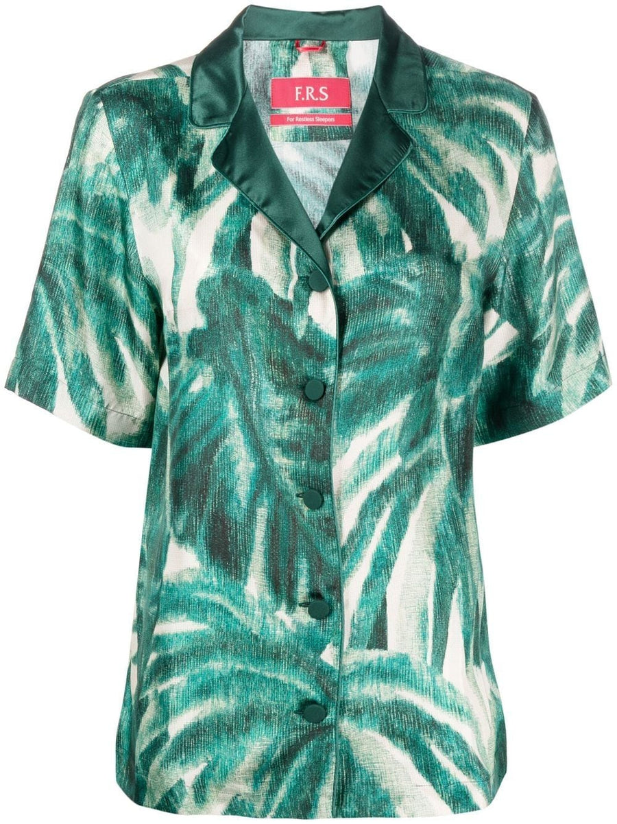 F.R.S Printed Silk Pajama Shirt For Women Luxuriously Soft Green 100 Percent Silk With Japanese Branch Motif