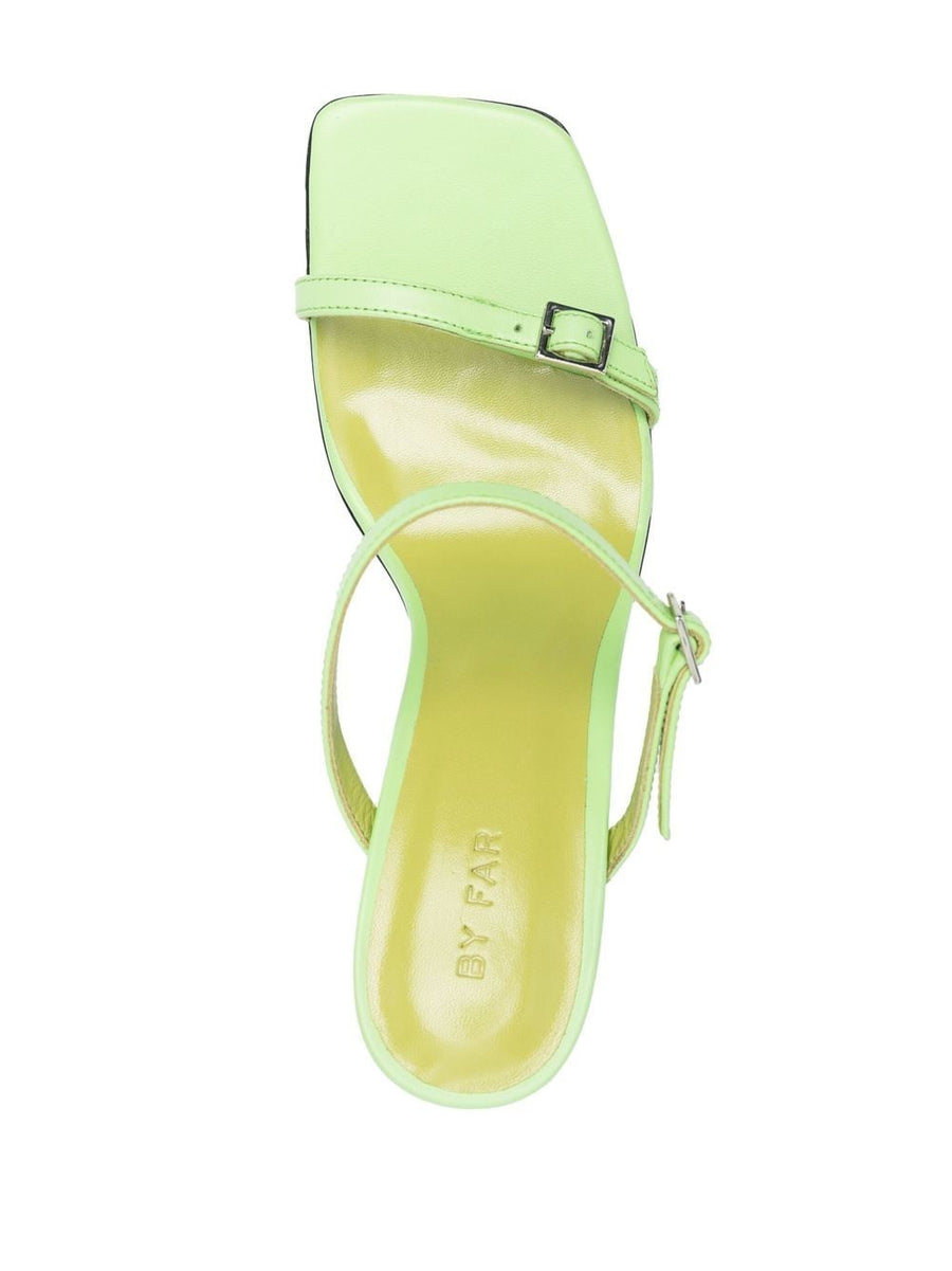 By Far Pre Flick Sandals Apple Green Calf Leather Open Toe 90mm Sculpted Heel For Women Luxury Mules