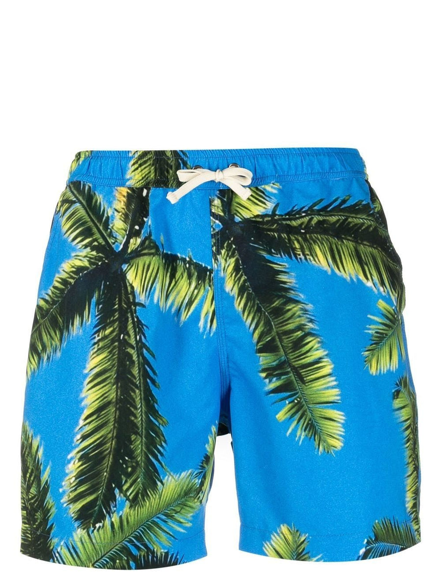 Blue Sky Inn Palm Tree Print Swim Trunks For Men With Elastic Waistband And Rear Pocket