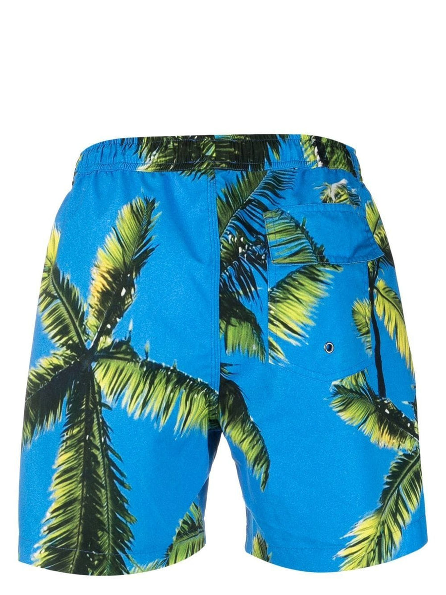 Blue Sky Inn Palm Tree Print Swim Trunks For Men With Elastic Waistband And Rear Pocket