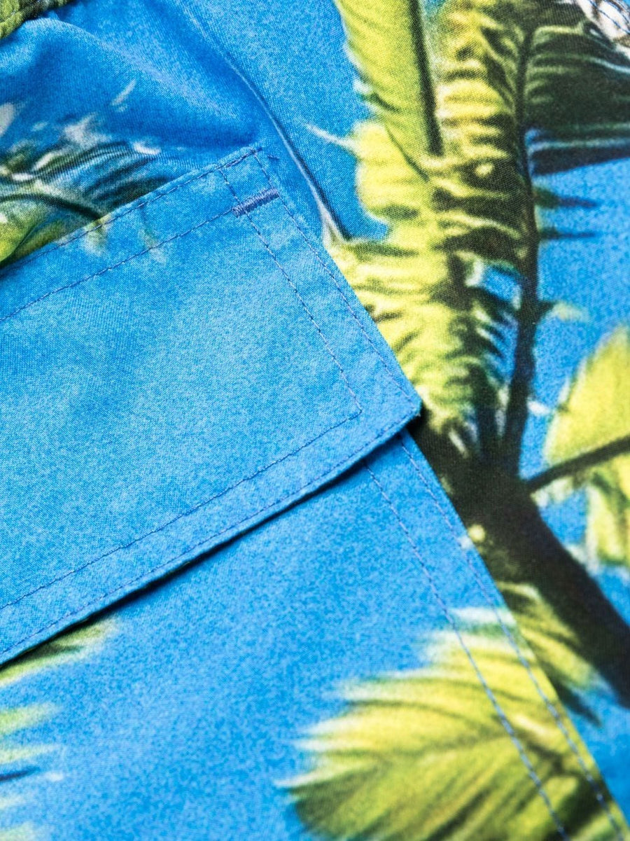Blue Sky Inn Palm Tree Print Swim Trunks For Men With Elastic Waistband And Rear Pocket