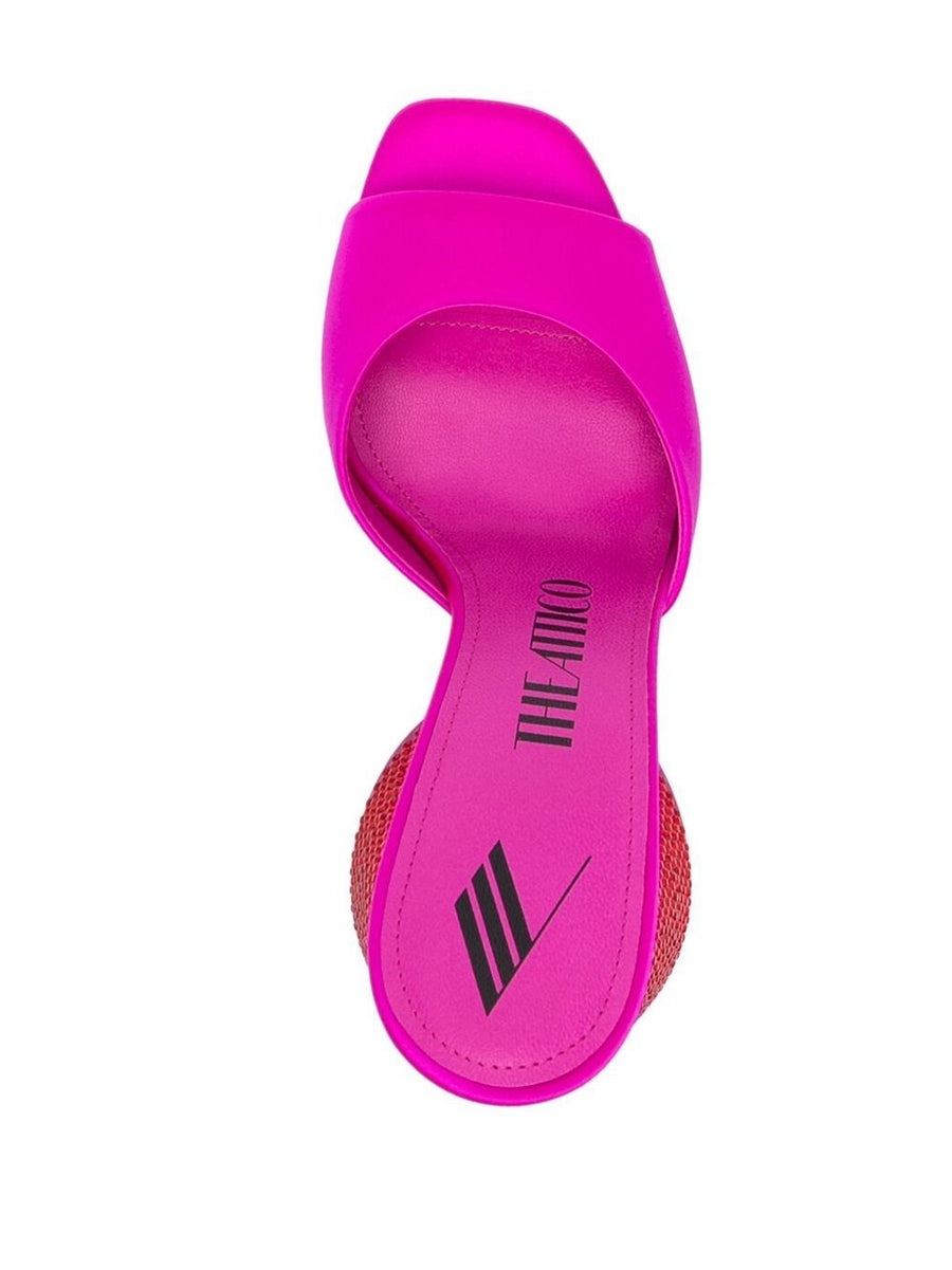 The Attico Luz Embellished Satin Mules With Crystal Detailing 105mm Cylindrical Heel For Glamorous Women In Fuchsia