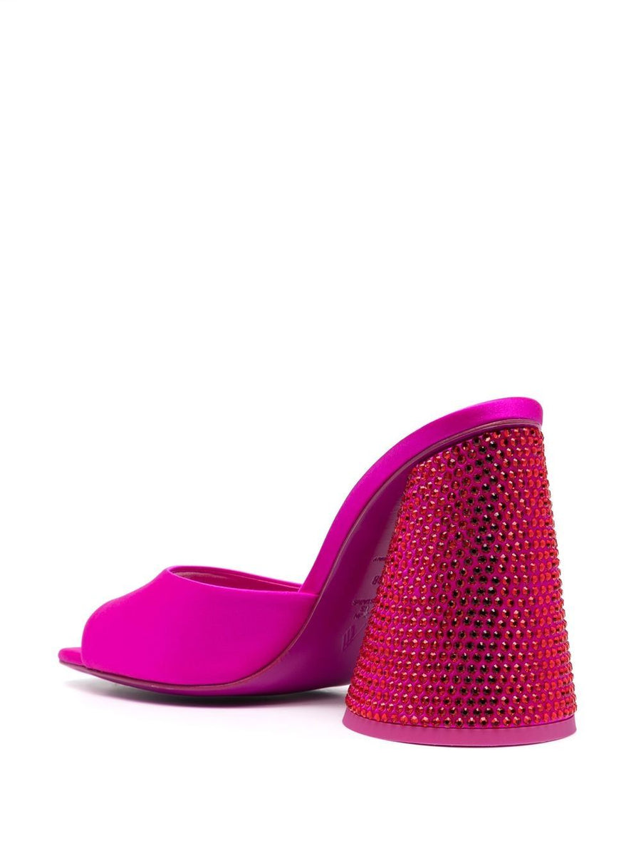 The Attico Luz Embellished Satin Mules With Crystal Detailing 105mm Cylindrical Heel For Glamorous Women In Fuchsia