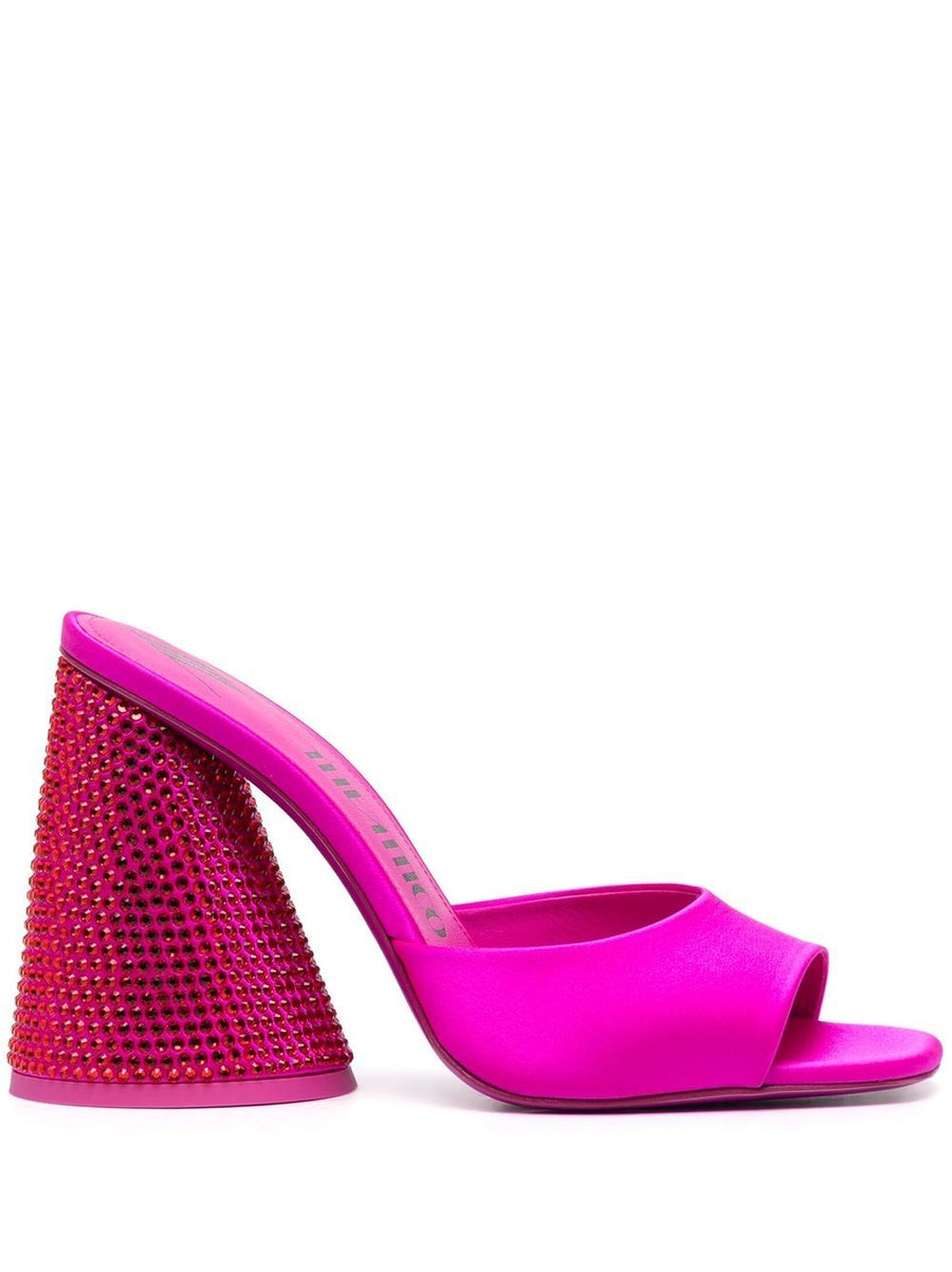 The Attico Luz Embellished Satin Mules With Crystal Detailing 105mm Cylindrical Heel For Glamorous Women In Fuchsia