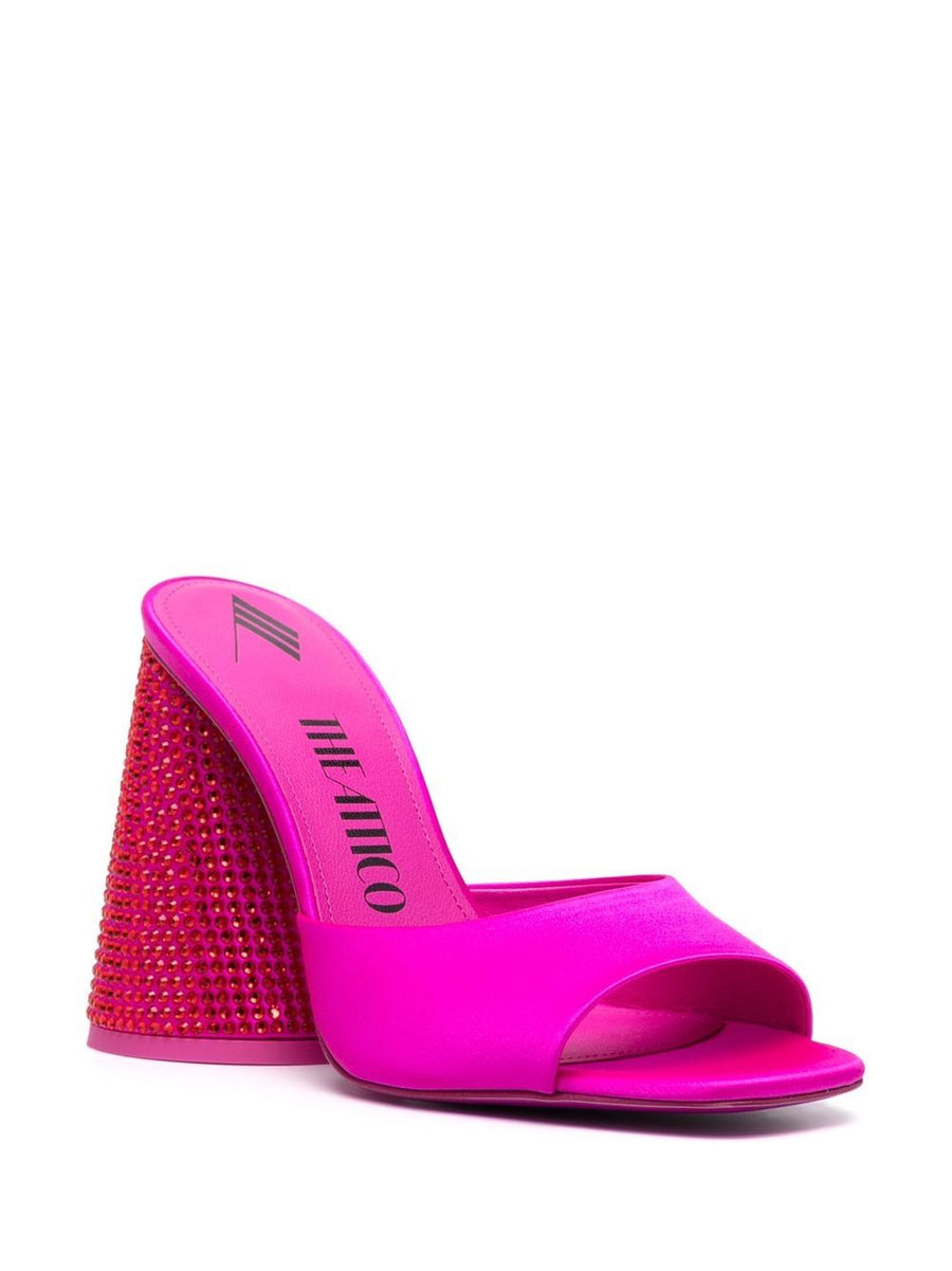 The Attico Luz Embellished Satin Mules With Crystal Detailing 105mm Cylindrical Heel For Glamorous Women In Fuchsia