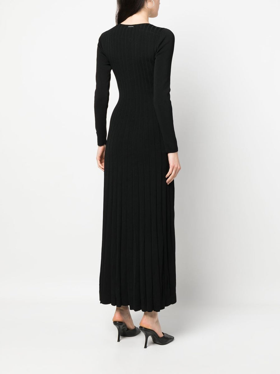 MMK Viscose Long Dress For Women Jet Black V Neck Pleated With Hoop Details Effortless Elegance