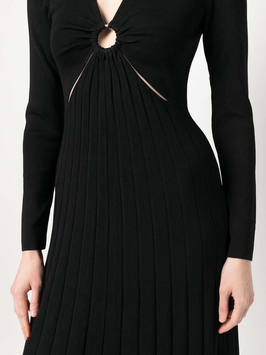 MMK Viscose Long Dress For Women Jet Black V Neck Pleated With Hoop Details Effortless Elegance
