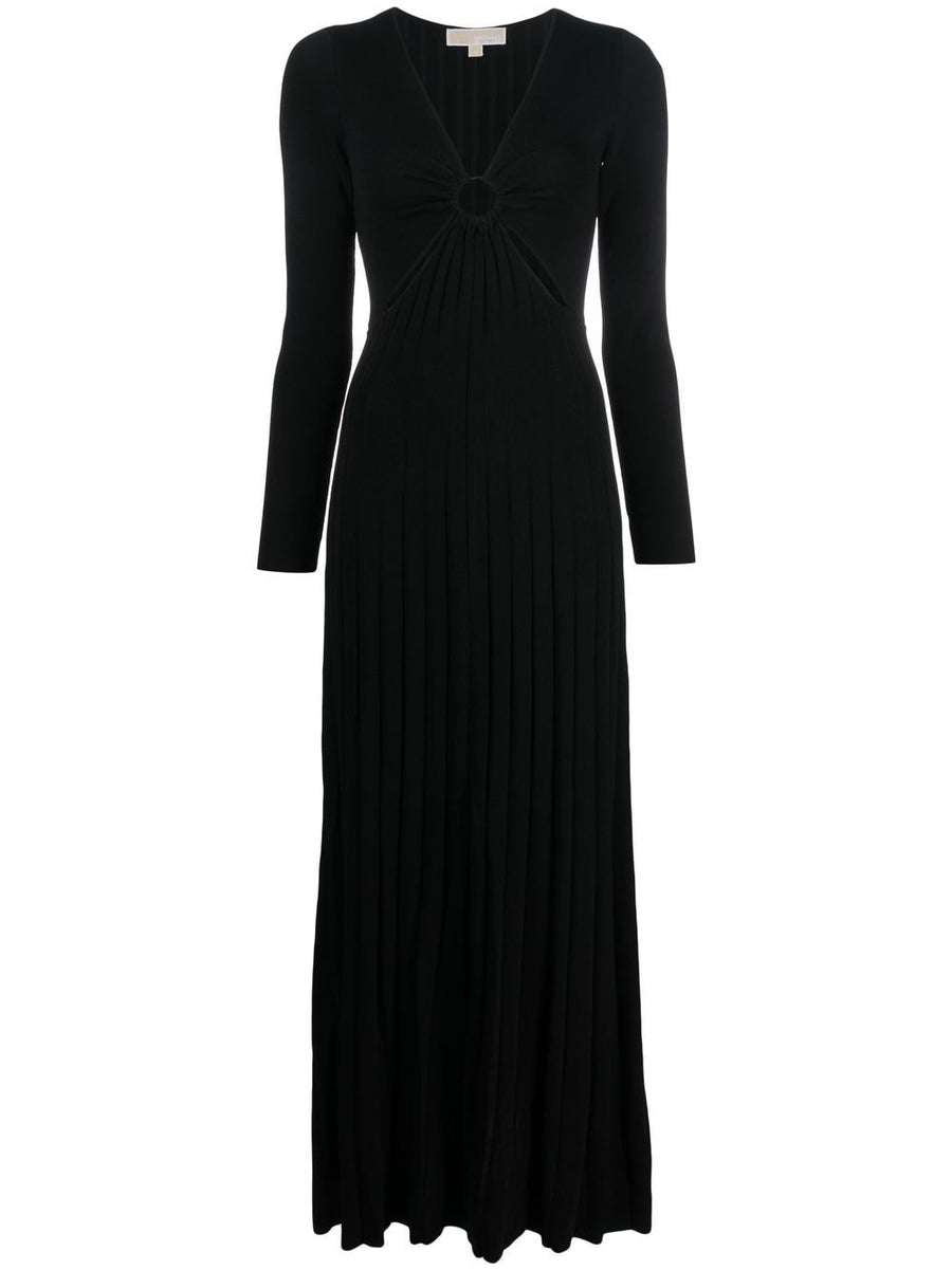 MMK Viscose Long Dress For Women Jet Black V Neck Pleated With Hoop Details Effortless Elegance