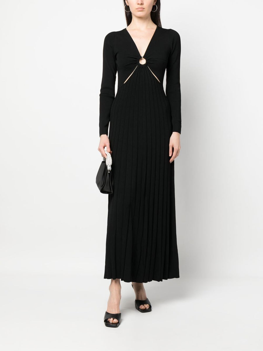 MMK Viscose Long Dress For Women Jet Black V Neck Pleated With Hoop Details Effortless Elegance