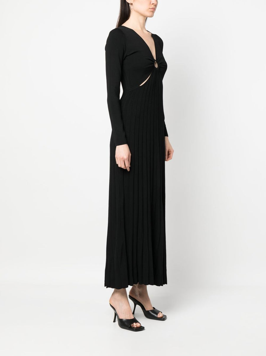 MMK Viscose Long Dress For Women Jet Black V Neck Pleated With Hoop Details Effortless Elegance