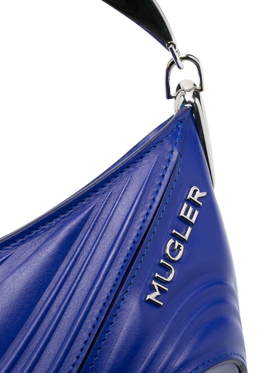 Mugler Spiral Curve 01 Embossed Shoulder Tote Bag Electric Blue Calf Leather Luxury Women