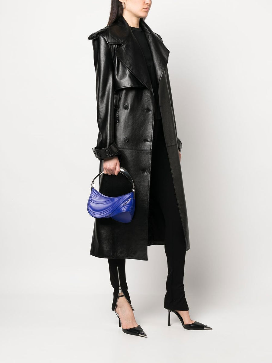 Mugler Spiral Curve 01 Embossed Shoulder Tote Bag Electric Blue Calf Leather Luxury Women
