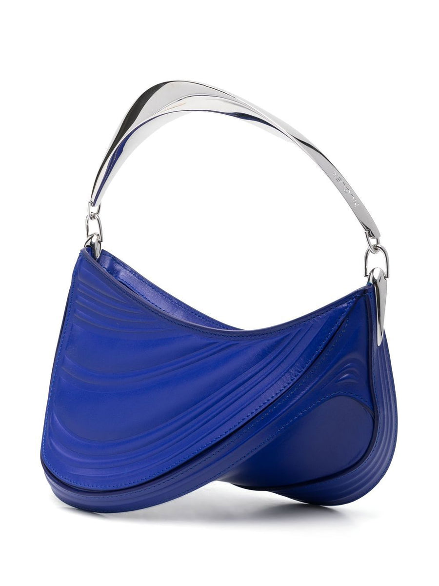 Mugler Spiral Curve 01 Embossed Shoulder Tote Bag Electric Blue Calf Leather Luxury Women