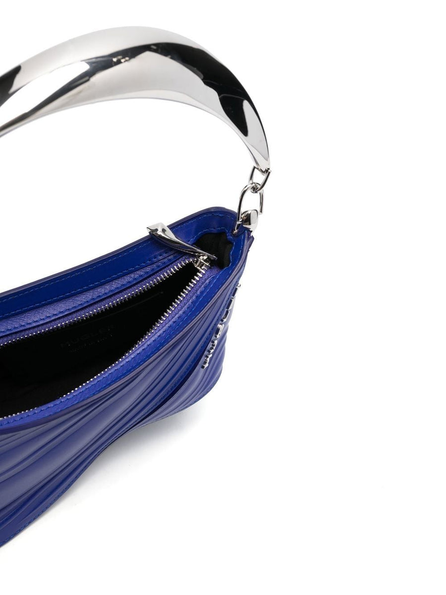 Mugler Spiral Curve 01 Embossed Shoulder Tote Bag Electric Blue Calf Leather Luxury Women