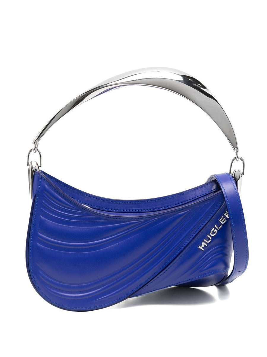 Mugler Spiral Curve 01 Embossed Shoulder Tote Bag Electric Blue Calf Leather Luxury Women