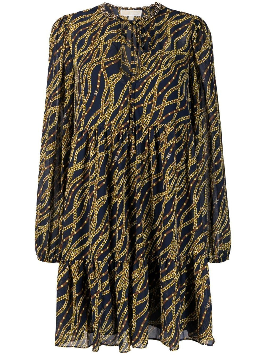 MMK Printed Midi Dress For Women With Chainlink Print Recycled Polyester Frilled V Neck Self Tie Long Sleeves