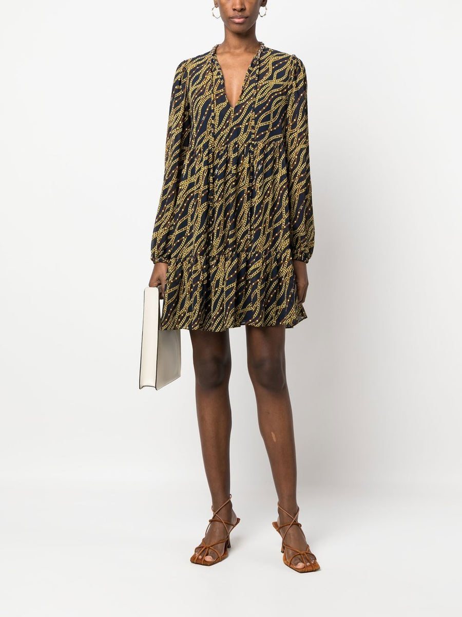 MMK Printed Midi Dress For Women With Chainlink Print Recycled Polyester Frilled V Neck Self Tie Long Sleeves
