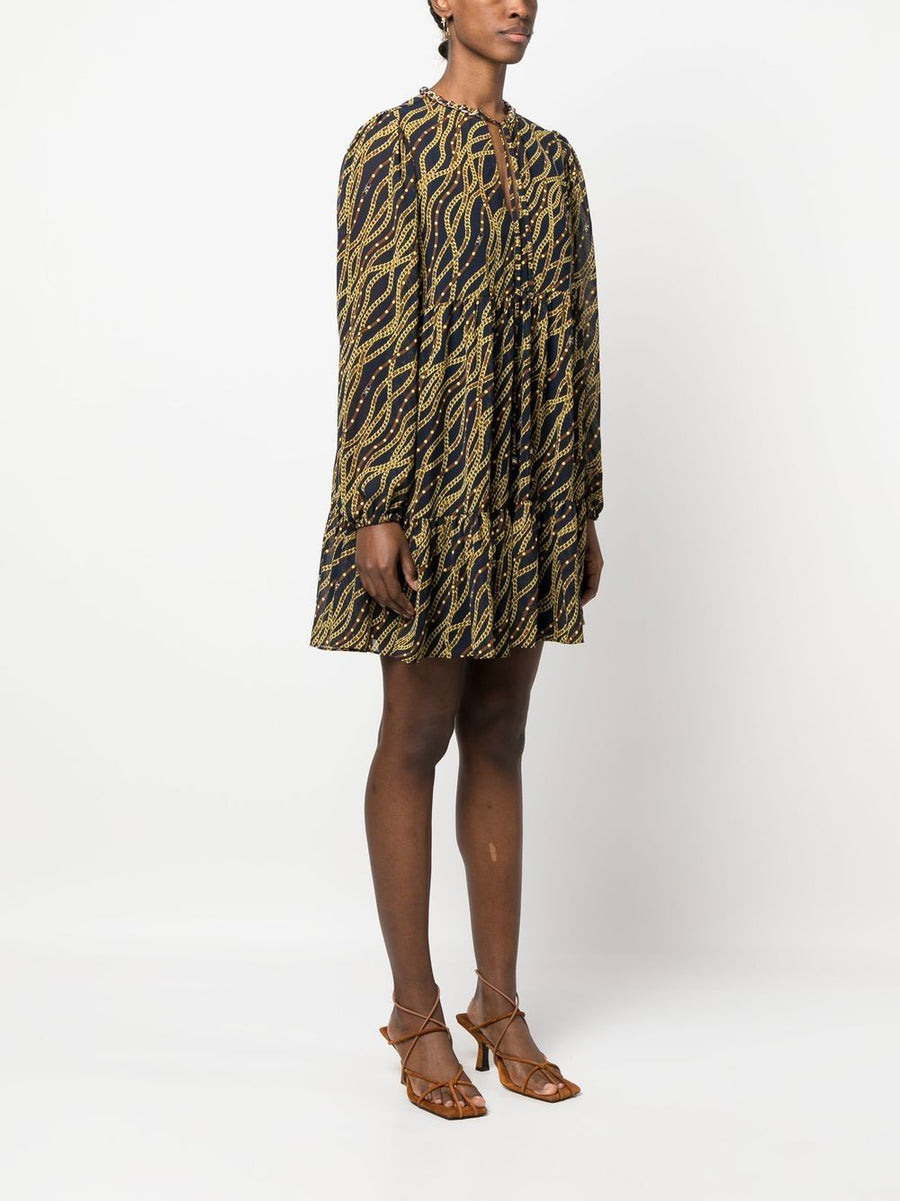 MMK Printed Midi Dress For Women With Chainlink Print Recycled Polyester Frilled V Neck Self Tie Long Sleeves