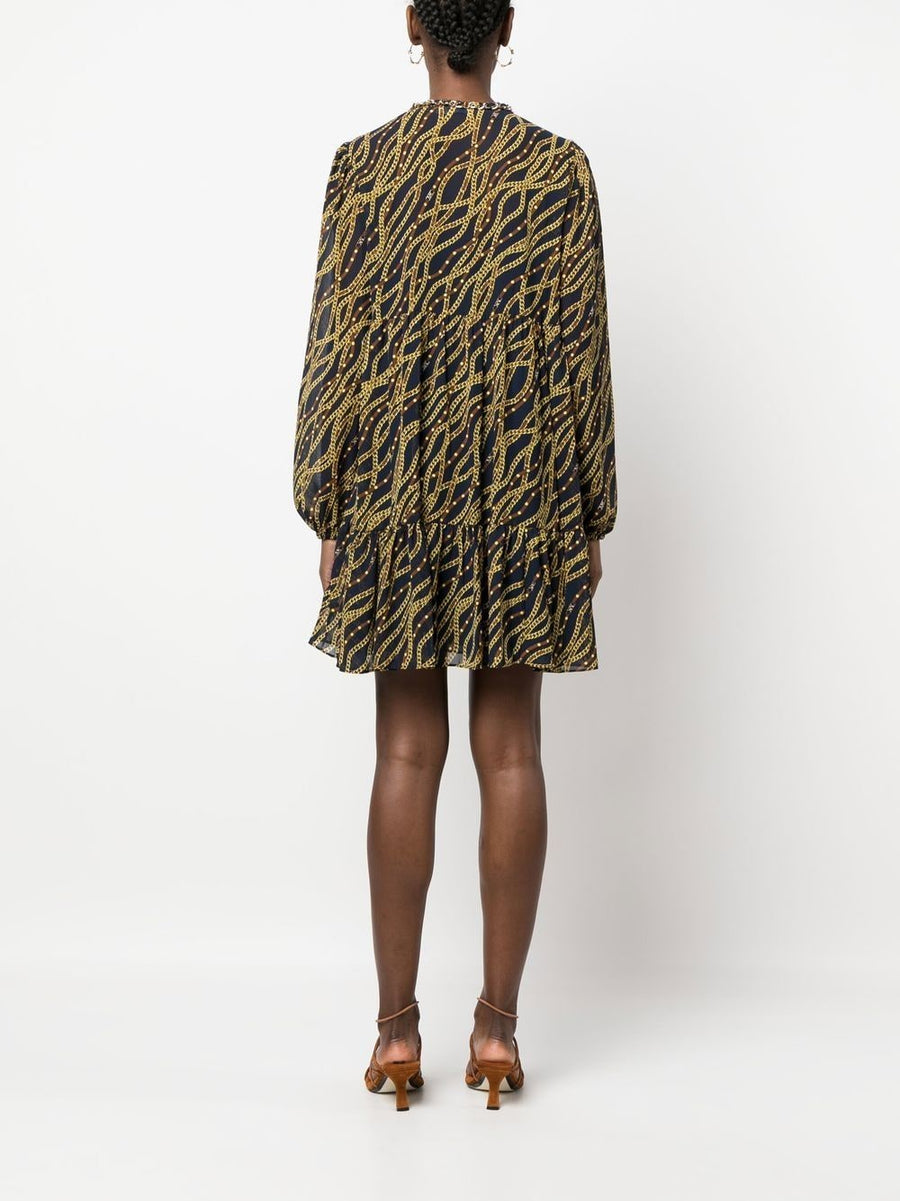 MMK Printed Midi Dress For Women With Chainlink Print Recycled Polyester Frilled V Neck Self Tie Long Sleeves
