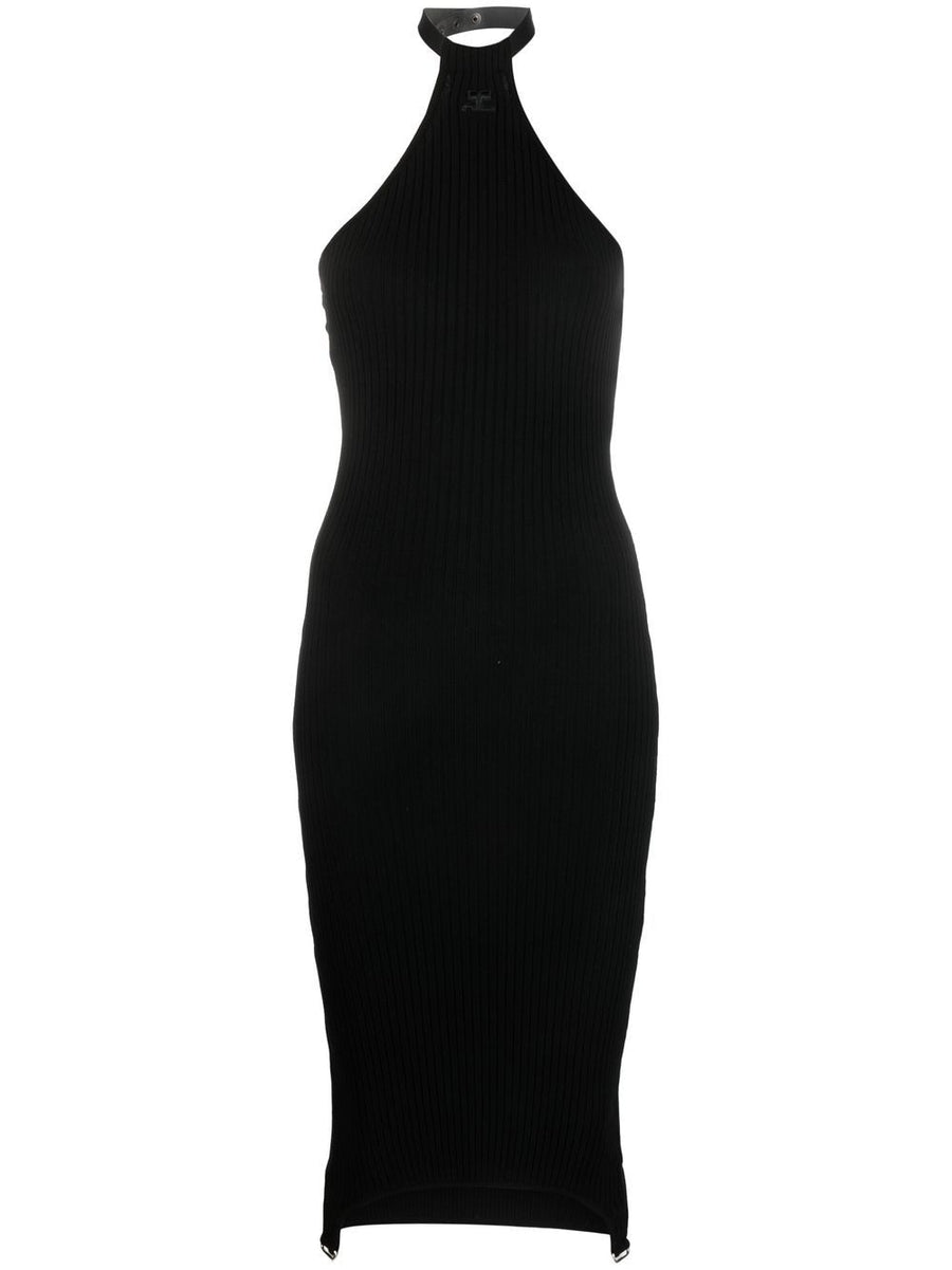 Courreges Pre Sleeveless Halterneck Long Dress For Women Embroidered Logo Black Ribbed Knit Eveningwear