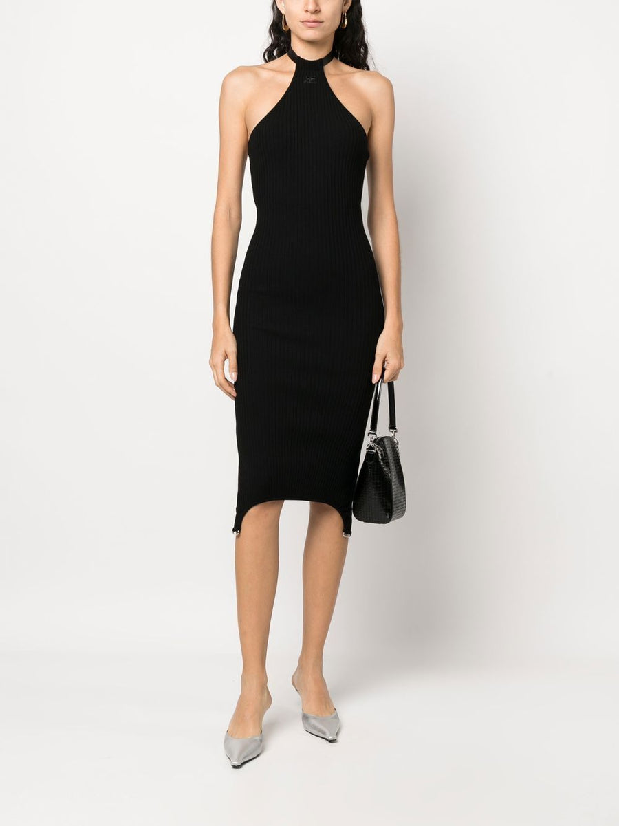 Courreges Pre Sleeveless Halterneck Long Dress For Women Embroidered Logo Black Ribbed Knit Eveningwear