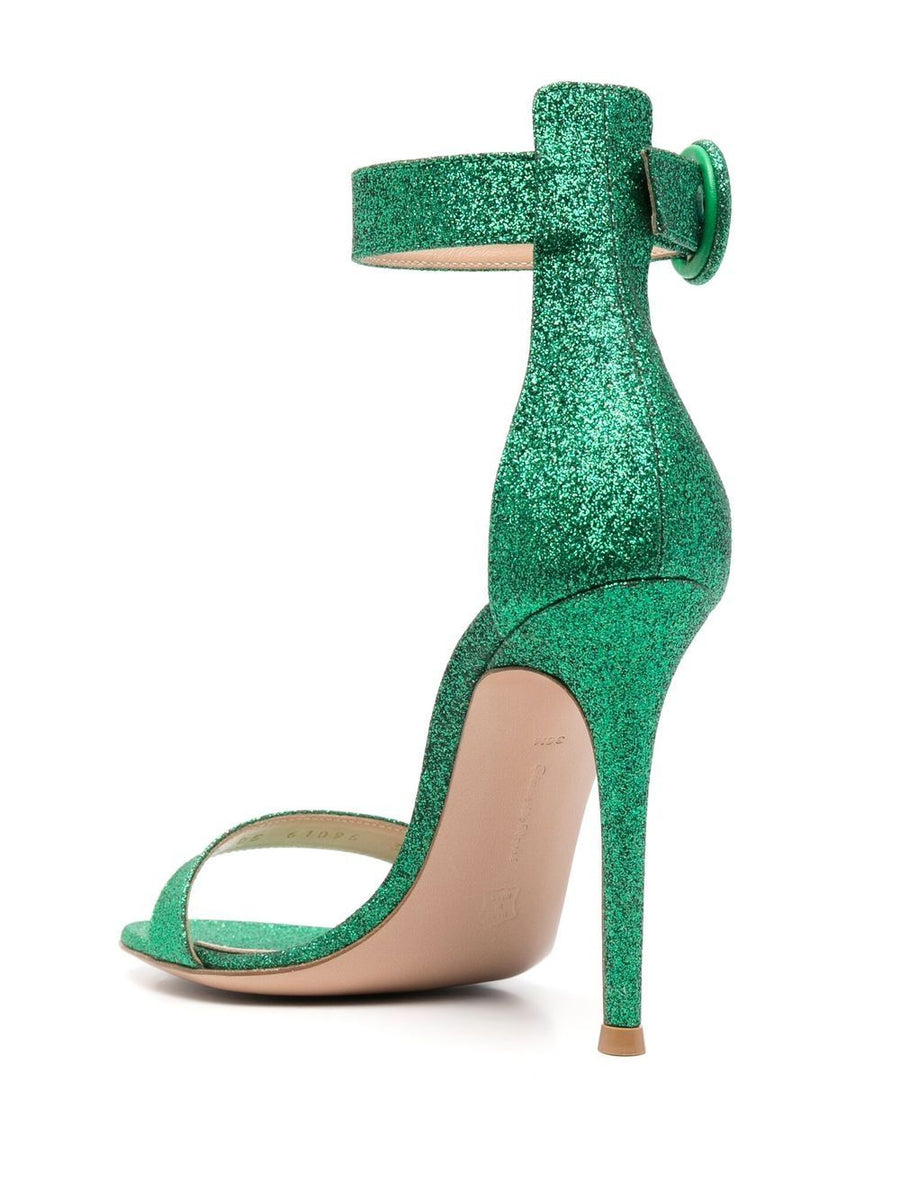 Gianvito Rossi Portofino 105 Glitter Sandals For Women Open Toe Ankle Strap Bright Green Calf Leather Sparkle