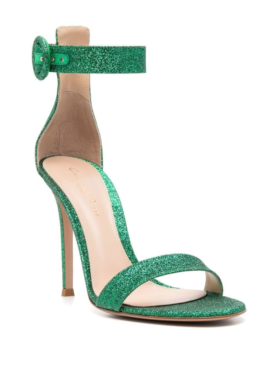 Gianvito Rossi Portofino 105 Glitter Sandals For Women Open Toe Ankle Strap Bright Green Calf Leather Sparkle