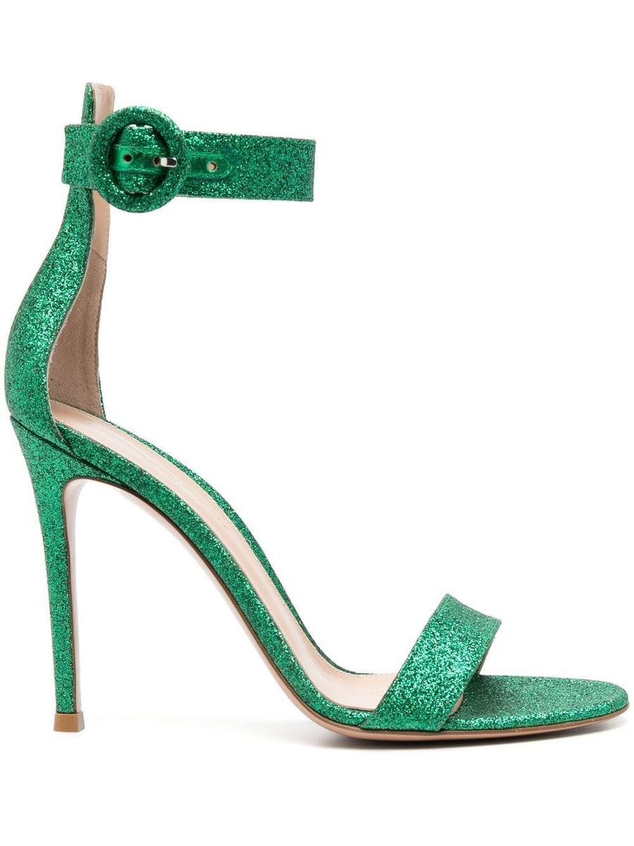 Gianvito Rossi Portofino 105 Glitter Sandals For Women Open Toe Ankle Strap Bright Green Calf Leather Sparkle