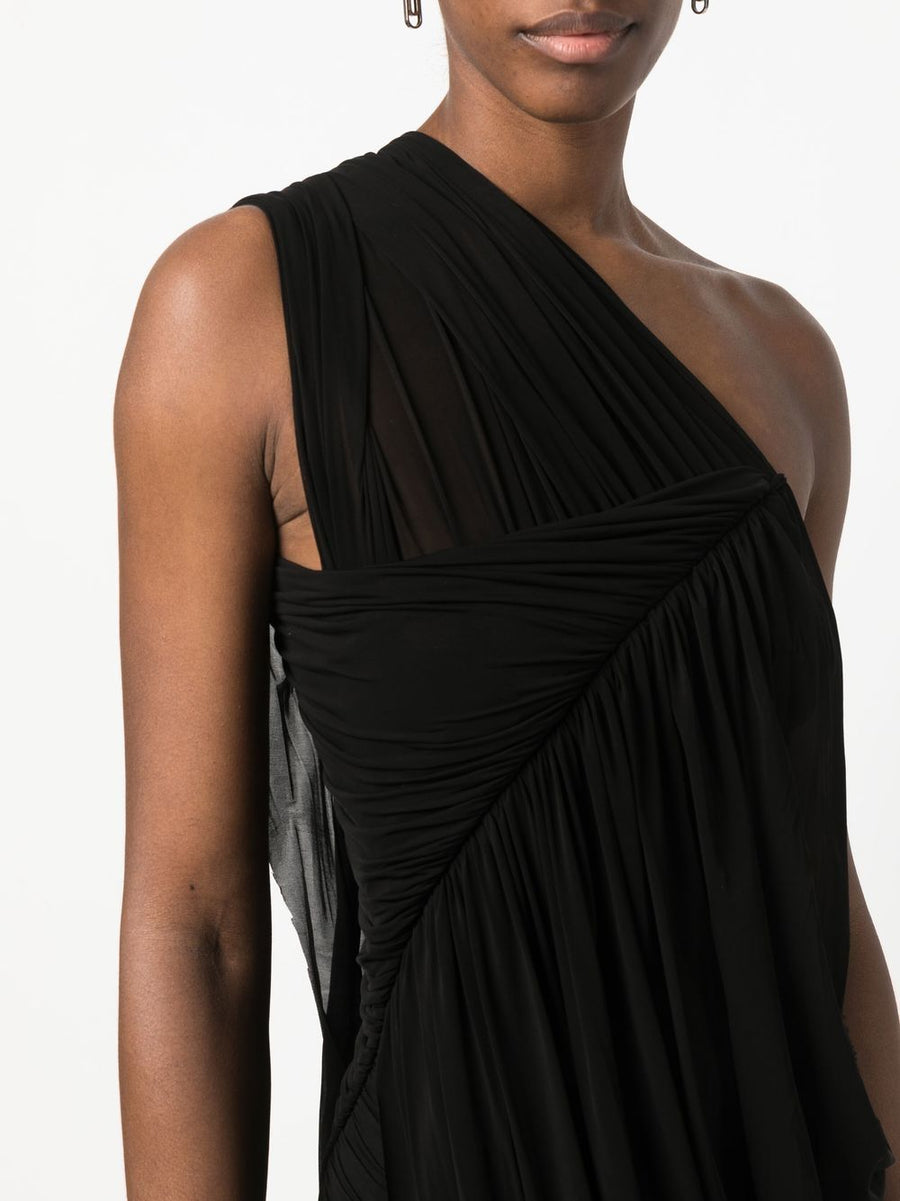 Rick Owens One Shoulder Dress for Women Minimalist Black Cupro Draped Couture Evening Wear