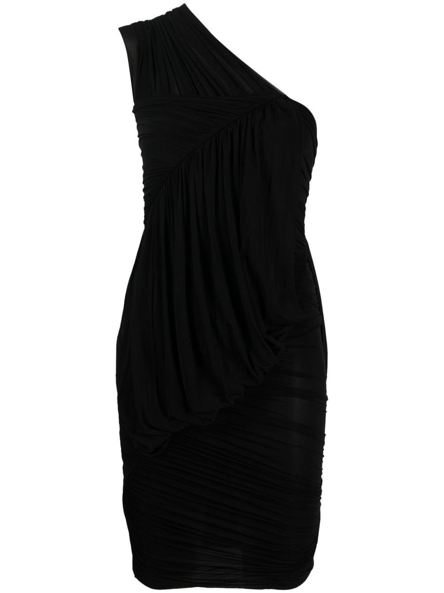 Rick Owens One Shoulder Dress for Women Minimalist Black Cupro Draped Couture Evening Wear