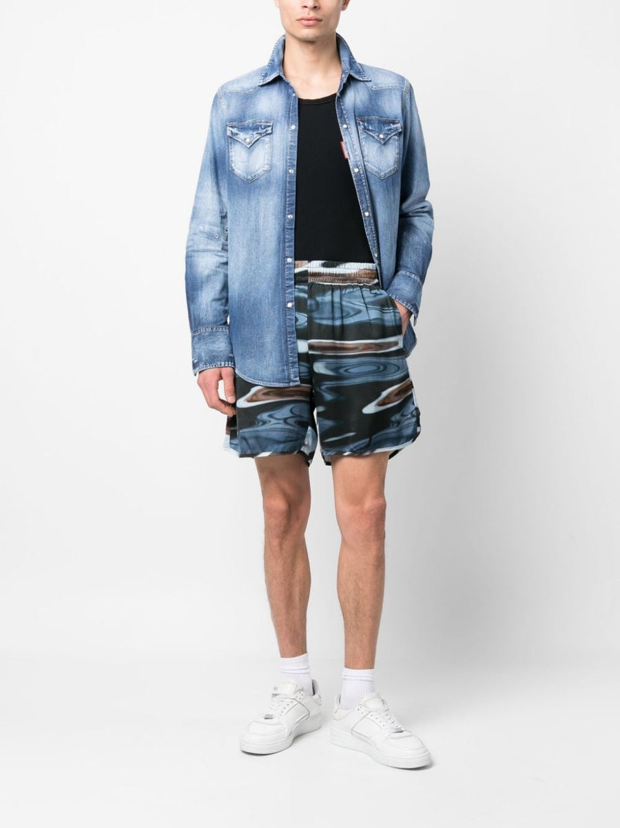 Blue Sky Inn Mens Allover Graphic Print Shorts In Viscose With Elastic Waistband And Side Pockets