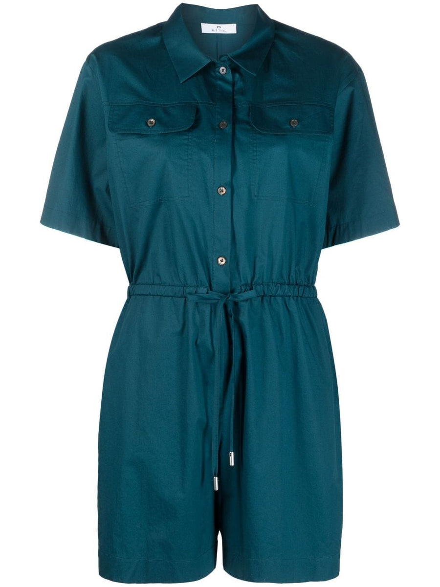 Paul Smith Cotton Playsuit For Women Teal Blue Breathable Stretch Cotton With Tailored Collar