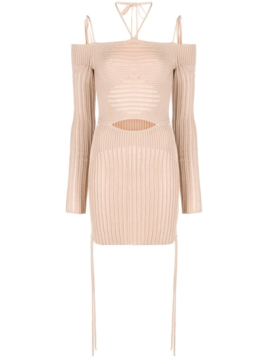 AndreAdamo Lux Knit Ribbed Mini Dress for Women with Cut Outs Halterneck in Blush Beige