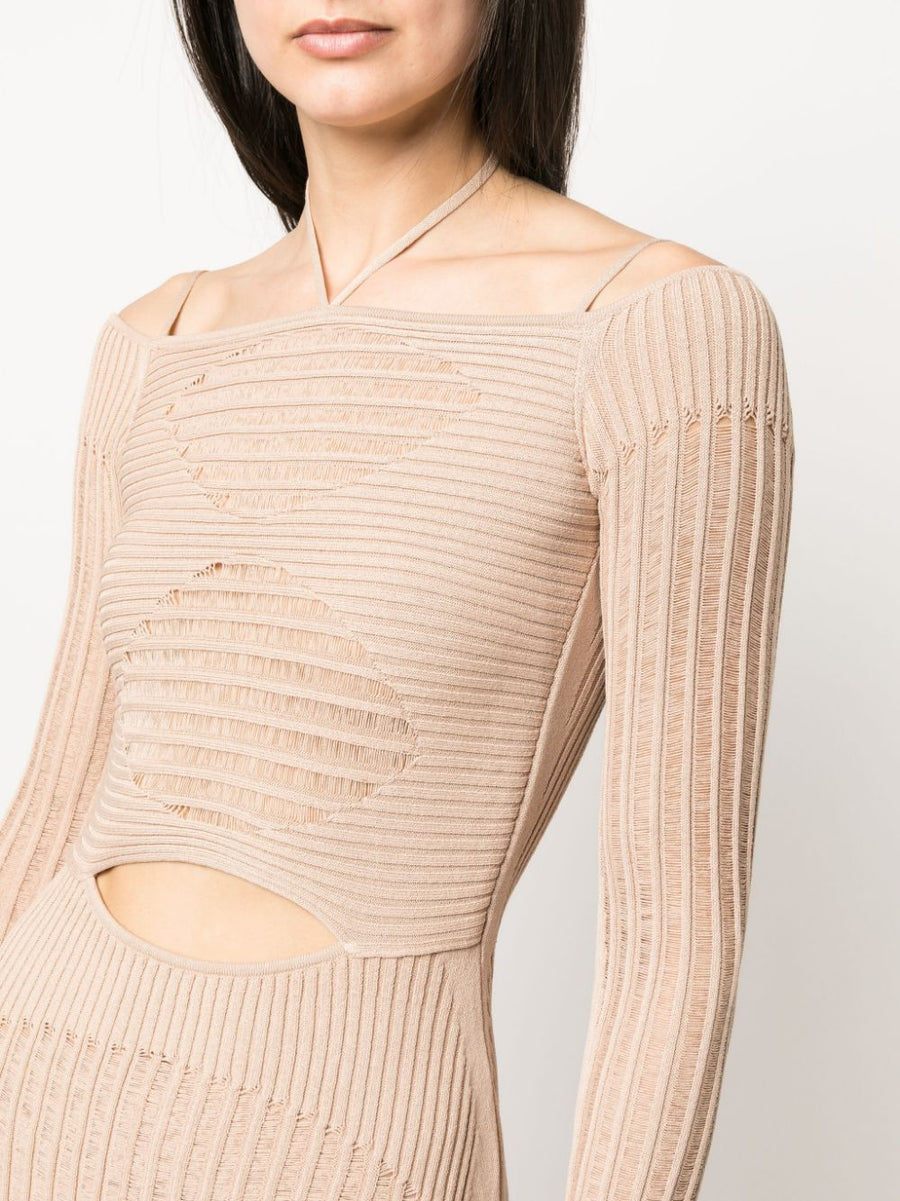 AndreAdamo Lux Knit Ribbed Mini Dress for Women with Cut Outs Halterneck in Blush Beige