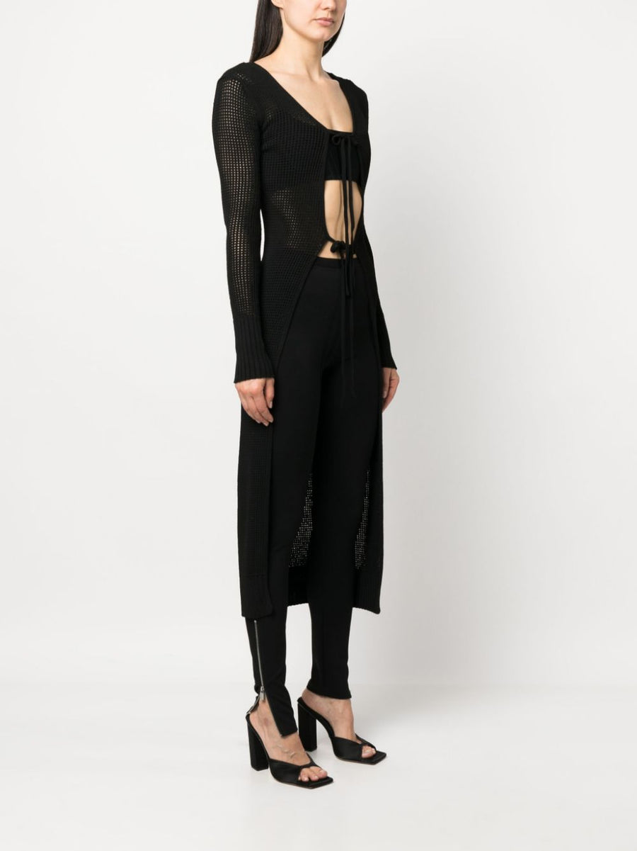 Knit Long Cardigan For Women By AndreAdamo Semi Sheer Racerback Front Tie Versatile Layering