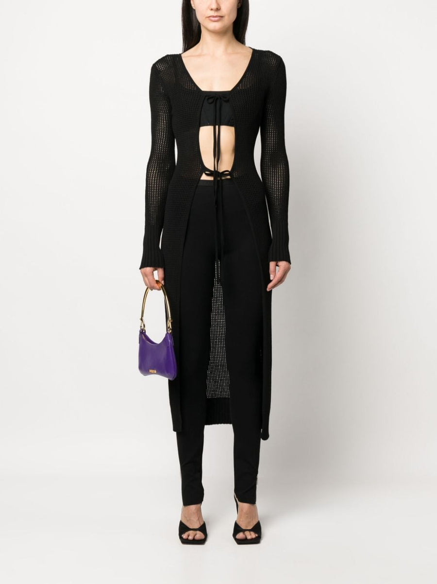 Knit Long Cardigan For Women By AndreAdamo Semi Sheer Racerback Front Tie Versatile Layering
