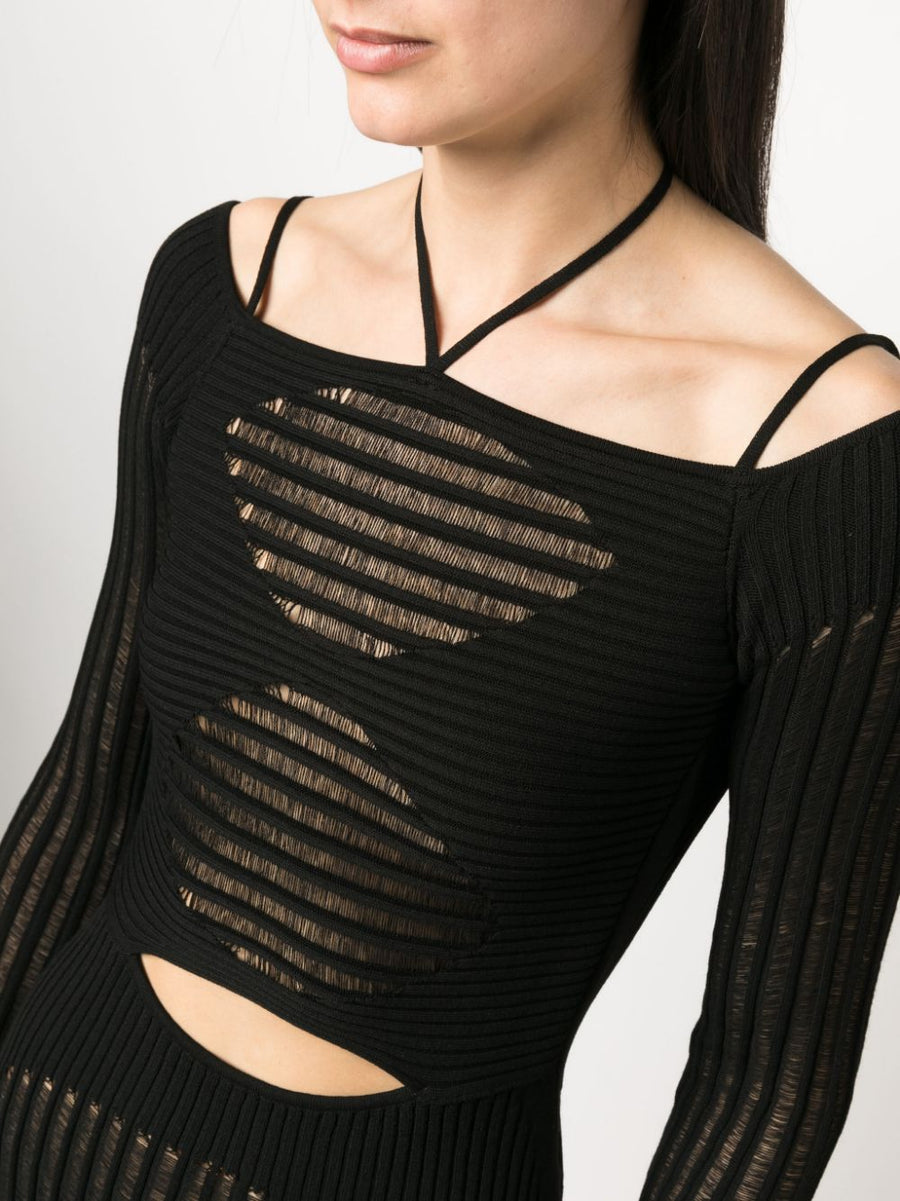 AndreĀdamo Knit Ribbed Mini Dress Halter Neck With Cutouts And Semi Sheer Panels For Women