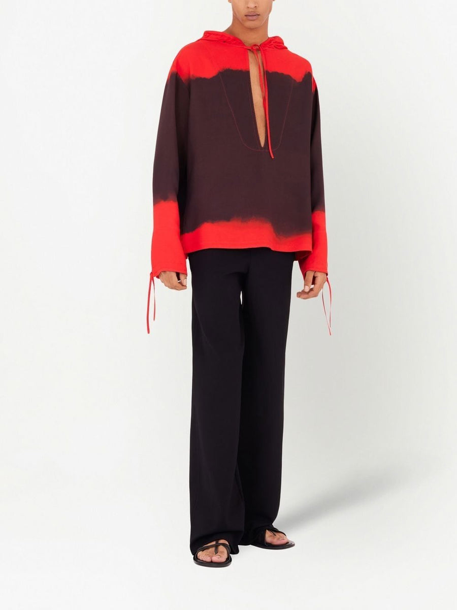 Ferragamo Printed Oversized Kaftan For Men With Gradient Red To Auburn Hooded Beach Lux Resortwear