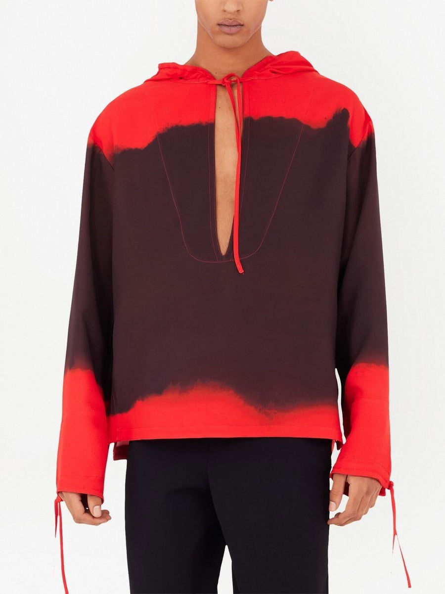 Ferragamo Printed Oversized Kaftan For Men With Gradient Red To Auburn Hooded Beach Lux Resortwear