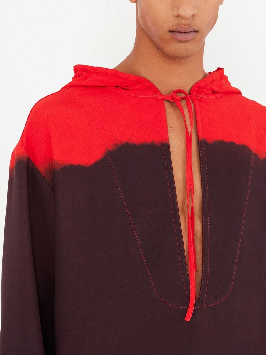 Ferragamo Printed Oversized Kaftan For Men With Gradient Red To Auburn Hooded Beach Lux Resortwear