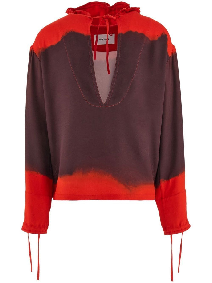Ferragamo Printed Oversized Kaftan For Men With Gradient Red To Auburn Hooded Beach Lux Resortwear