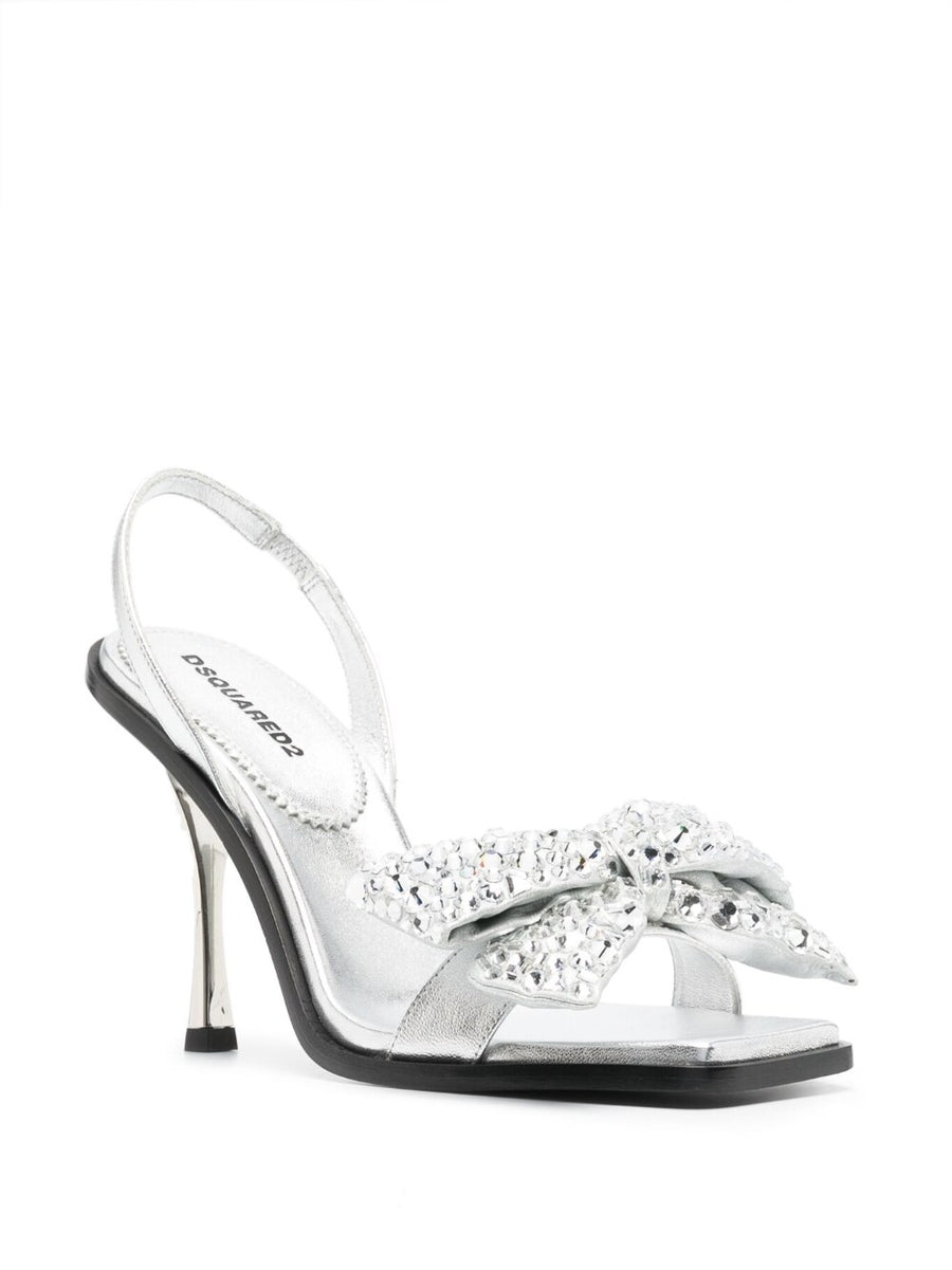 Dsquared2 Bow Detail Silver Square Toe Sandals Crystal Embellishments For Women Elegant Evening Wear