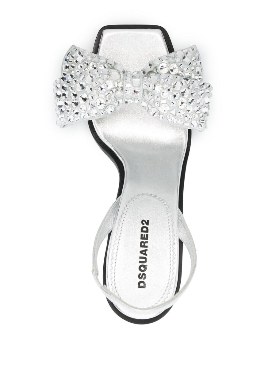 Dsquared2 Bow Detail Silver Square Toe Sandals Crystal Embellishments For Women Elegant Evening Wear
