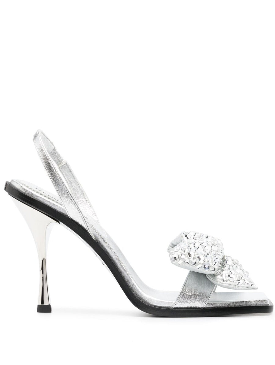 Dsquared2 Bow Detail Silver Square Toe Sandals Crystal Embellishments For Women Elegant Evening Wear
