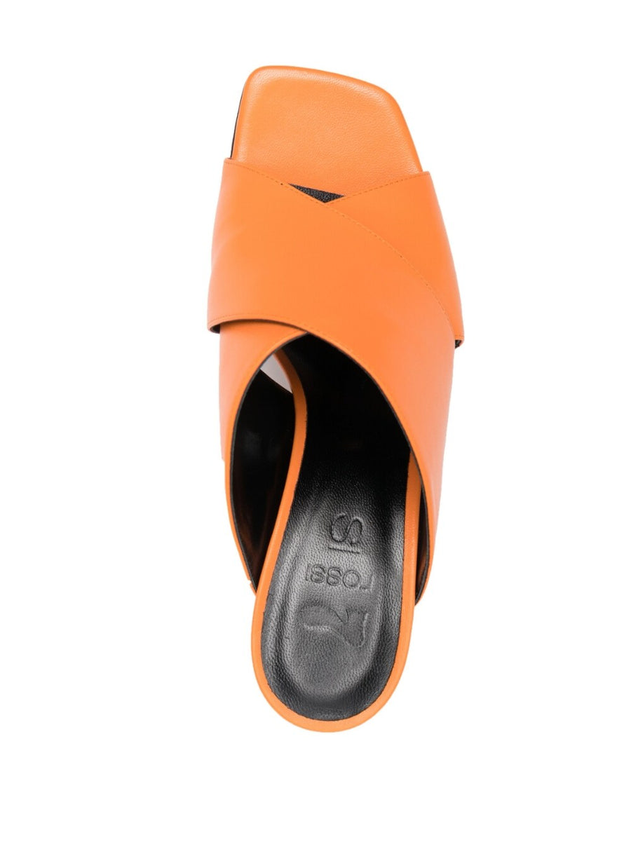 Si Rossi Leather Mules Bold Orange Open Toe 80mm Block Heel Multi-Way Straps For Women