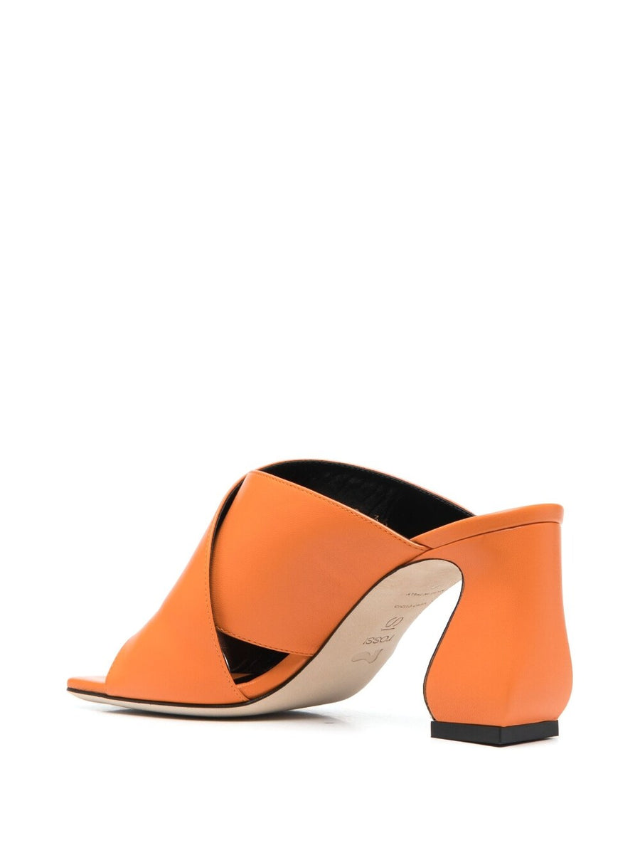 Si Rossi Leather Mules Bold Orange Open Toe 80mm Block Heel Multi-Way Straps For Women